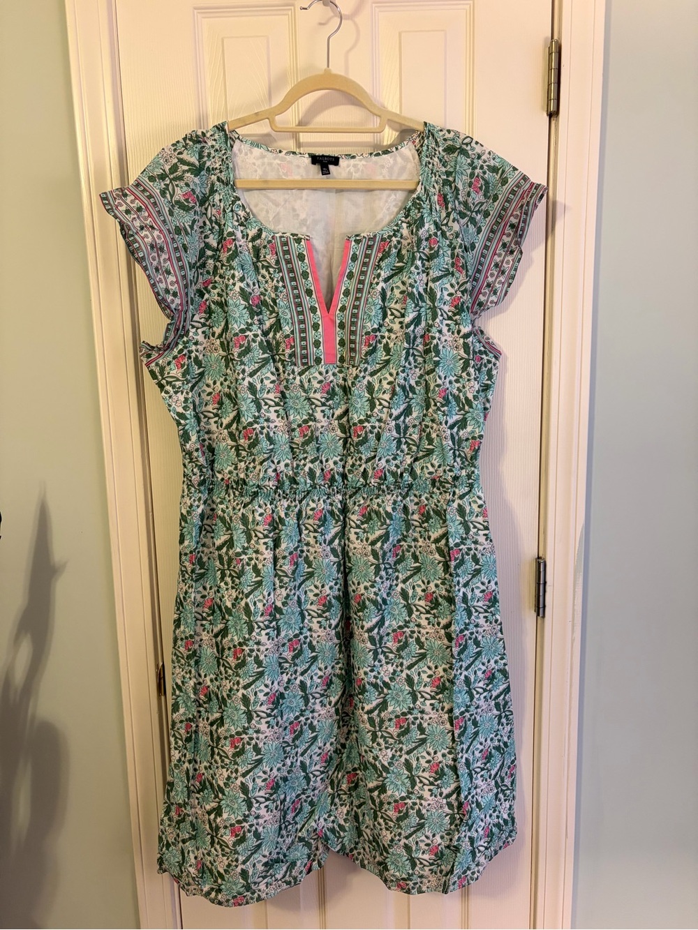 Talbots Green Floral Mini Dress with Pink Accent